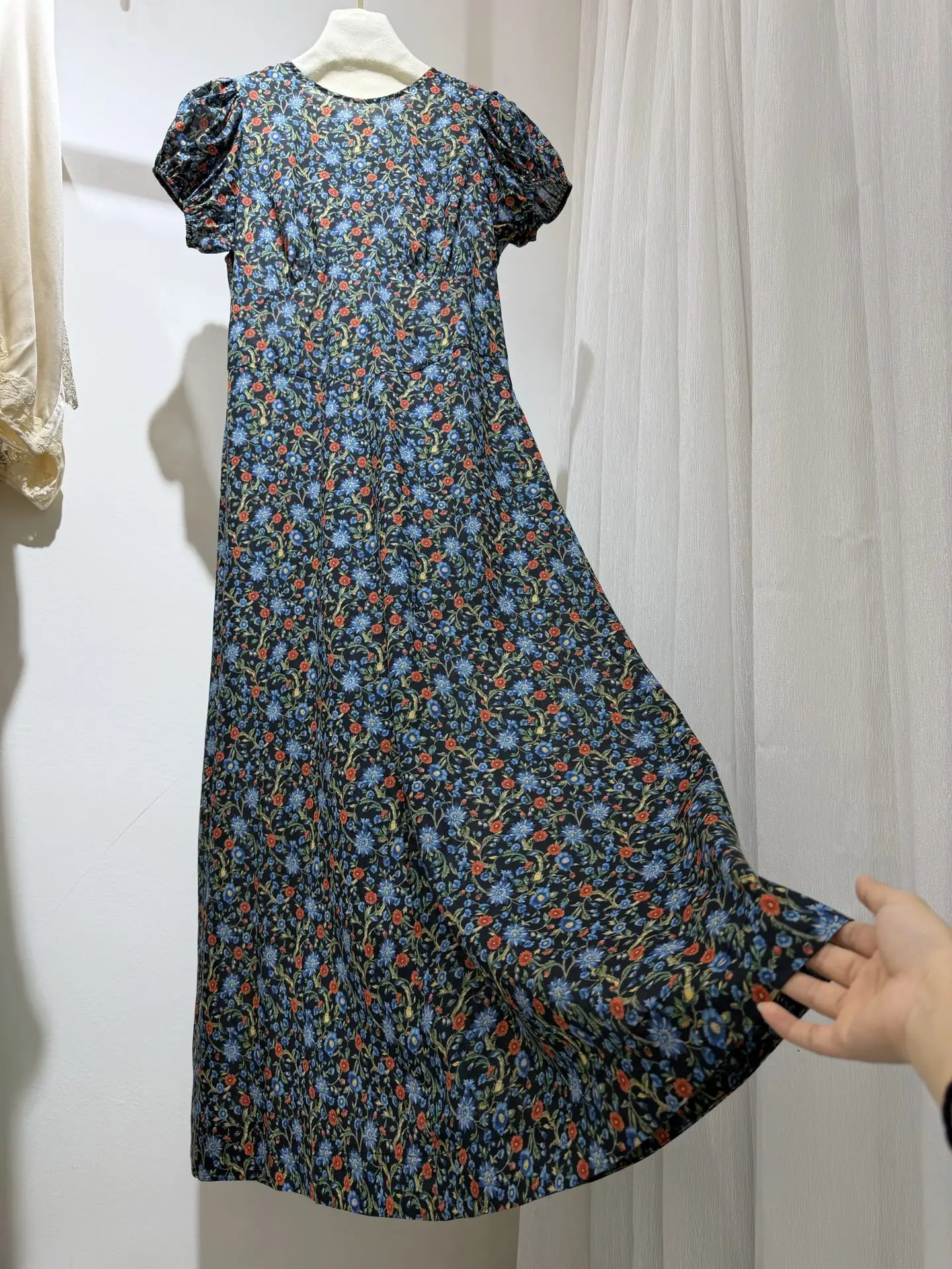 2-Color Women Retro Maxi Dress Flower Print Round Neck Puff Sleeve High Waist Vintage Casual 100% Cotton Robe
