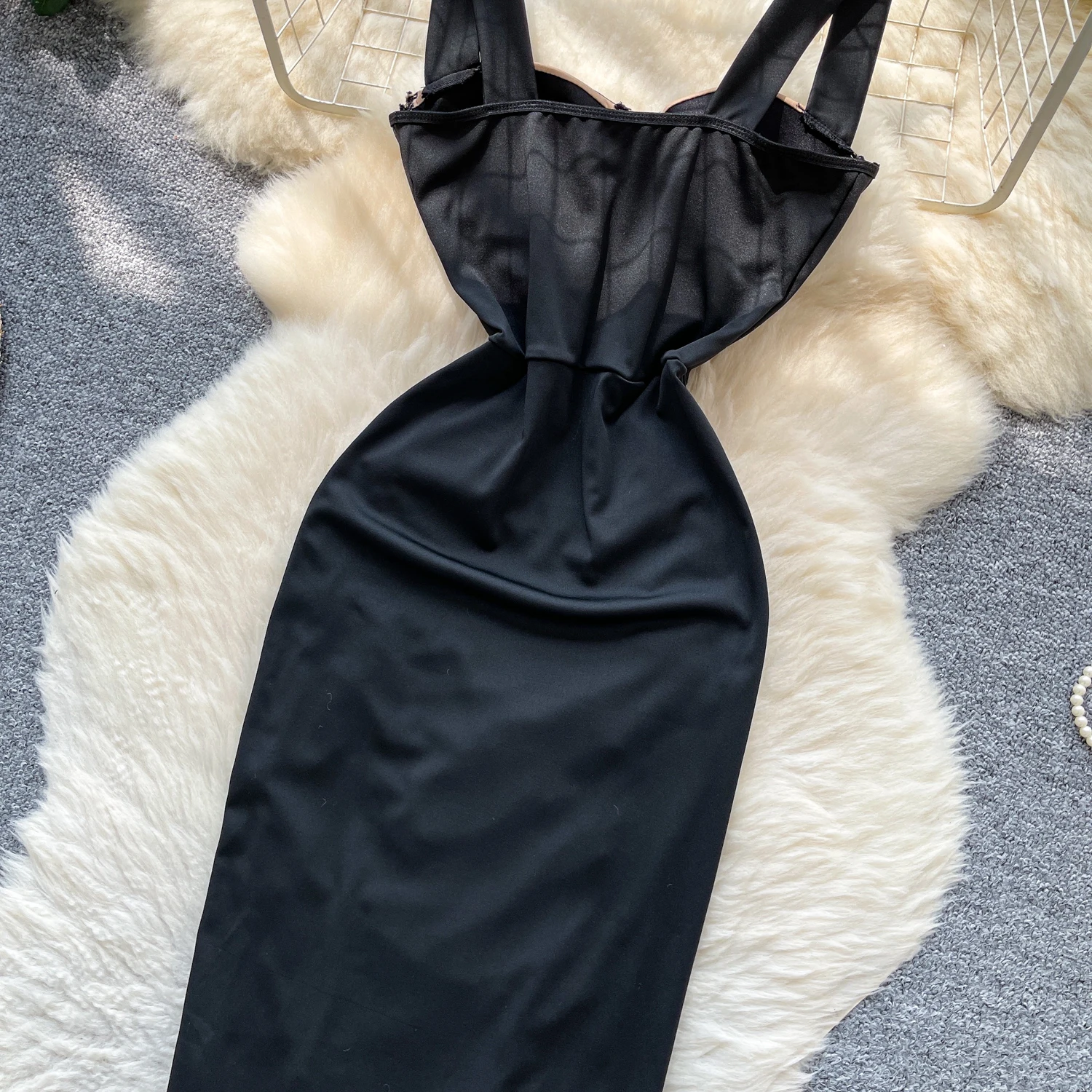 Chic vintage pleated slim mesh pencil dress Elegant Fairy korean fashion Boho Sundress women clothing