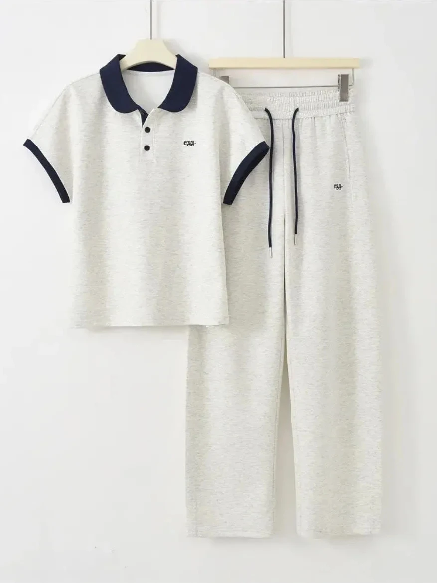 plus Size Women's Fashion Color Block Sportswear Set Short Sleeve Wide Leg Pants Two Piece Korean Style Summer New Arrival