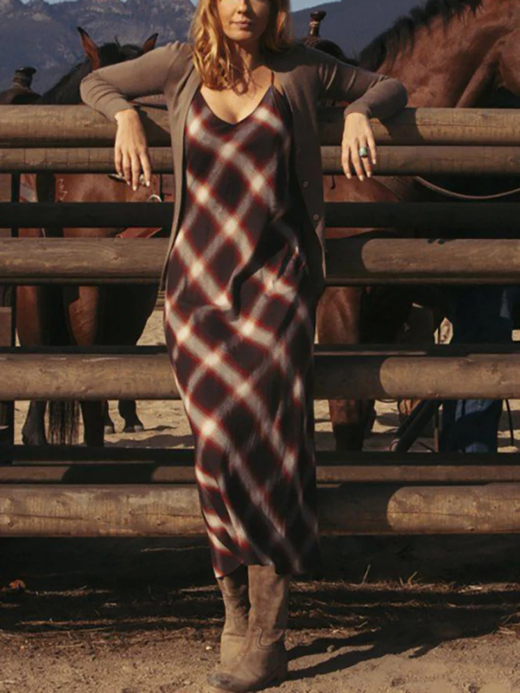 

Women's Casual Dress Plaid Printed Female Suspender Skirt Summer Sleeveless Vintage Ladies Long Dress Daily Women Clothing