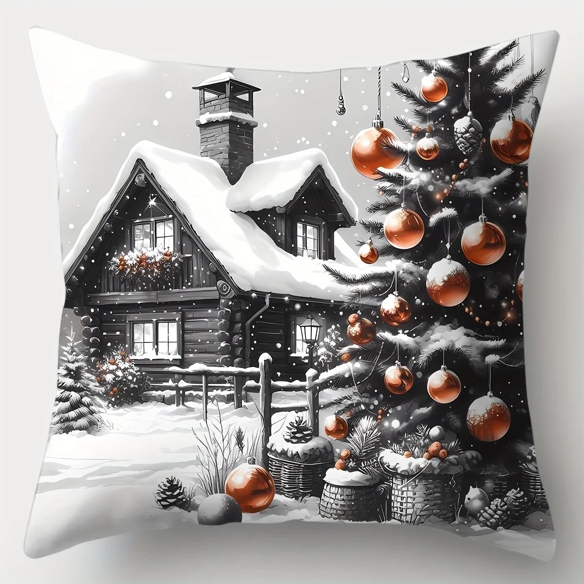 4pcs Elegant Black & White Christmas Tree Pillow Covers – Fireplace & House Design, Stylish Decor for Living Room & Bedroom Sofa