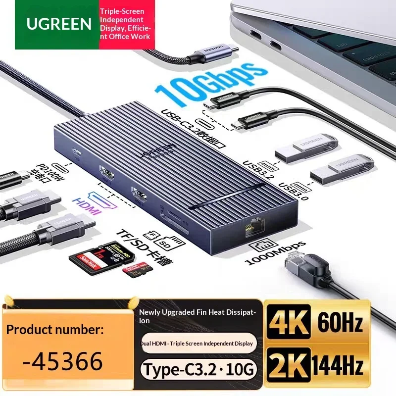 UGREEN CM886 45366 10 in 1 USB C Hub Dual 4K 60Hz HDMI Triple Display 10Gbps Gigabit Ethernet SD TF PD 100W