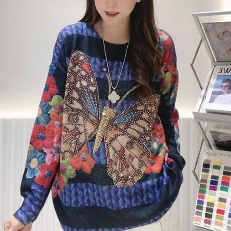 

Korean Commuter Sweaters 2025 Autumn Winter Women's Crew Neck Butterfly Jacquard Diamonds Loose High Street Long Sleeve TopZT123