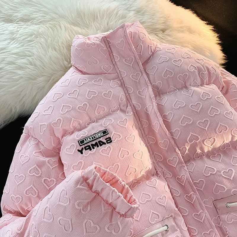 Chaqueta de plumón de pan de amor de invierno para mujer, Chaqueta de algodón con cuello levantado grueso y cremallera de bolsillo multifuncional informal a la moda Harajuku