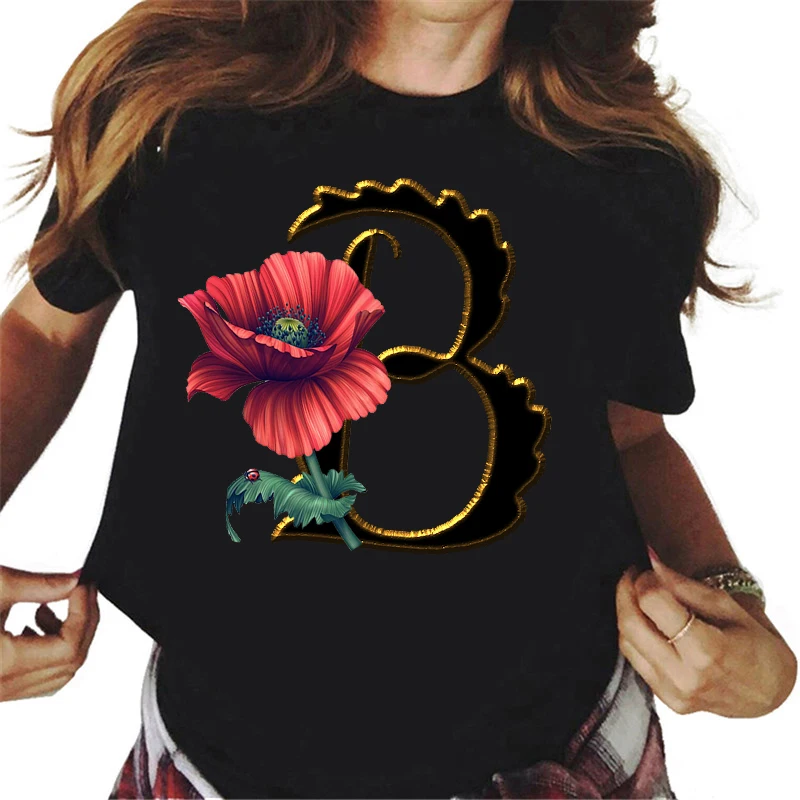 Women's Custom Name Letter Combination Printing T-Shirt Red Poppy Flower Letter Font A B C D E F G Short Sleeve Tshirt