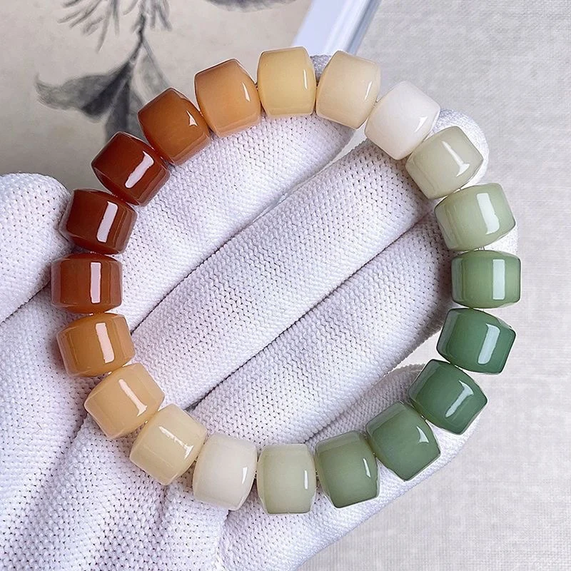 Natural Smoke Milk Green Rainbow Gradient Golden Root Silent Wheel Beads Bodhi Bracelet  Girls