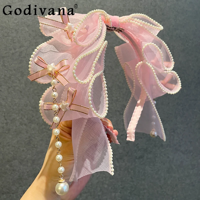 Japanese Fashion Bow Pearl Lolita Pink Headband Girly Harajuku Sweet Cute Elegant All-Match Hair Accessories Women Y2k Hair Band