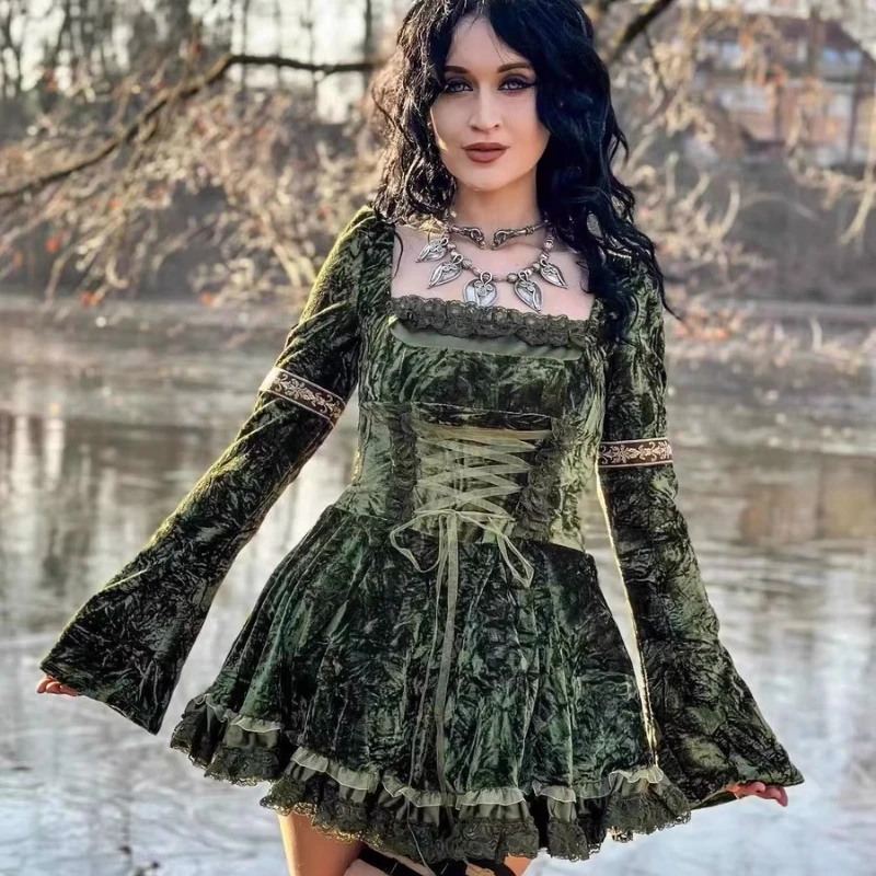 

Autumn New Green Velvet Fabric Lace-Up Square Neckline Women's Dress Original Design Retro Sweet Temperament Mini Dresses Ladies