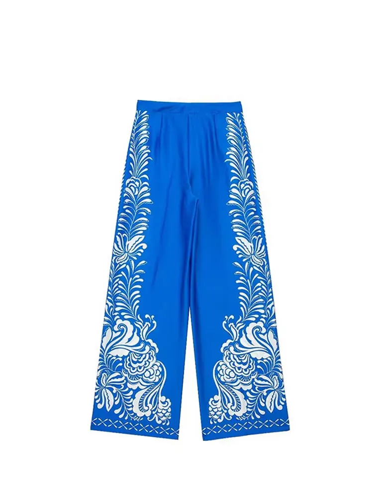 HH Woman Fashion Spring Wide Leg Pants Blue Print High Waist Pockets Button Zipper Trousers Female Bohemian Style Long Pants
