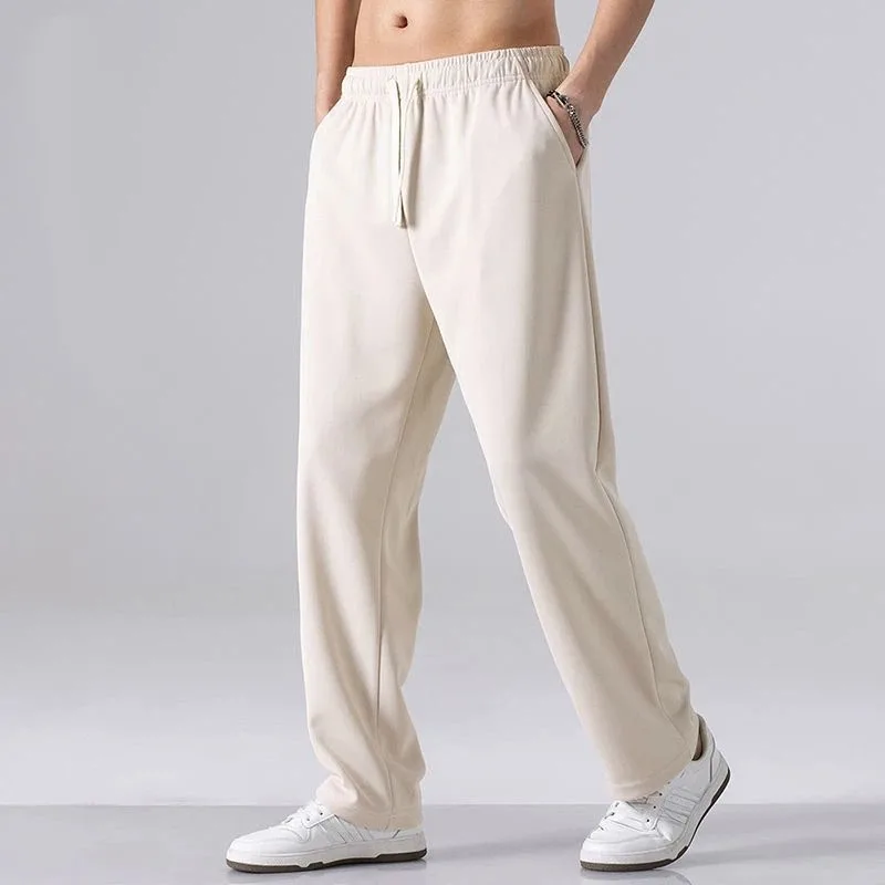 Mens Elastic Drawstring Waist Quick Dry Straight Wide Leg Casual Pants