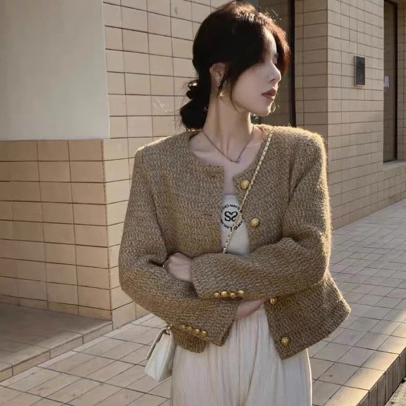 Women's 2026 Autumn New French Tweed Jacket Cropped Elegant Chic Coquette Trendy Commute Thick Warm Outerwear Top