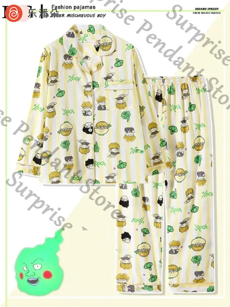 

Новая модель Mobu Saiko Hyaku Mob Psycho 100, пижама из чистого хлопка, весенне-осенние сезоны, комплект домашней одежды в полоску с длинными рукавами и ямочками