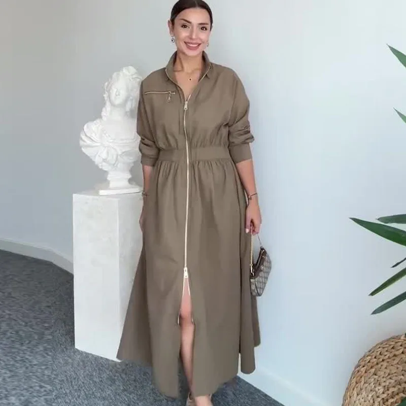 Spring Autumn New Waist Hugging Long Sleeved Dress for Women Fashionable Simple Solid Color Shirt Collar Mid Waist A Line Dress
