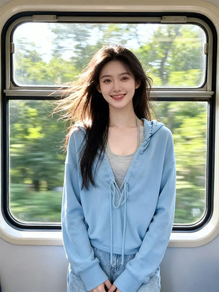 

Женская толстовка с капюшоном и завязками в американском ретро-стиле, приталенная, для ранней весны, уникальный дизайн, повседневный стиль, с длинными рукавами, на молнии