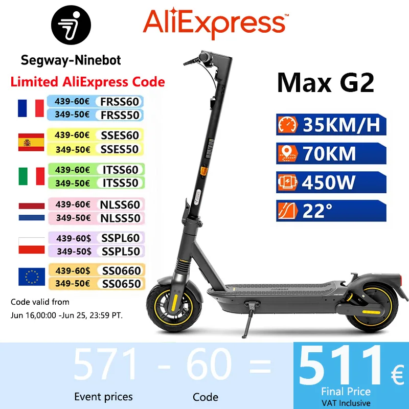 EU Stock Ninebot By Segway Max G2 Smart Electric Scooter 35KM/H Max Speed 70KM Range 450W Motor Original G2 Kickscooter