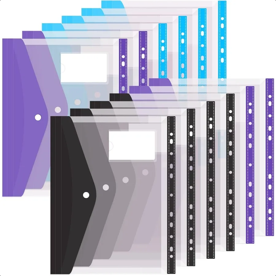 

Binder Pocket 12 Pack Plastic Envelopes Binder Folders 11 Holes Expandable Binder Folders for 2 3 4 Ring Document Pouch with Sn