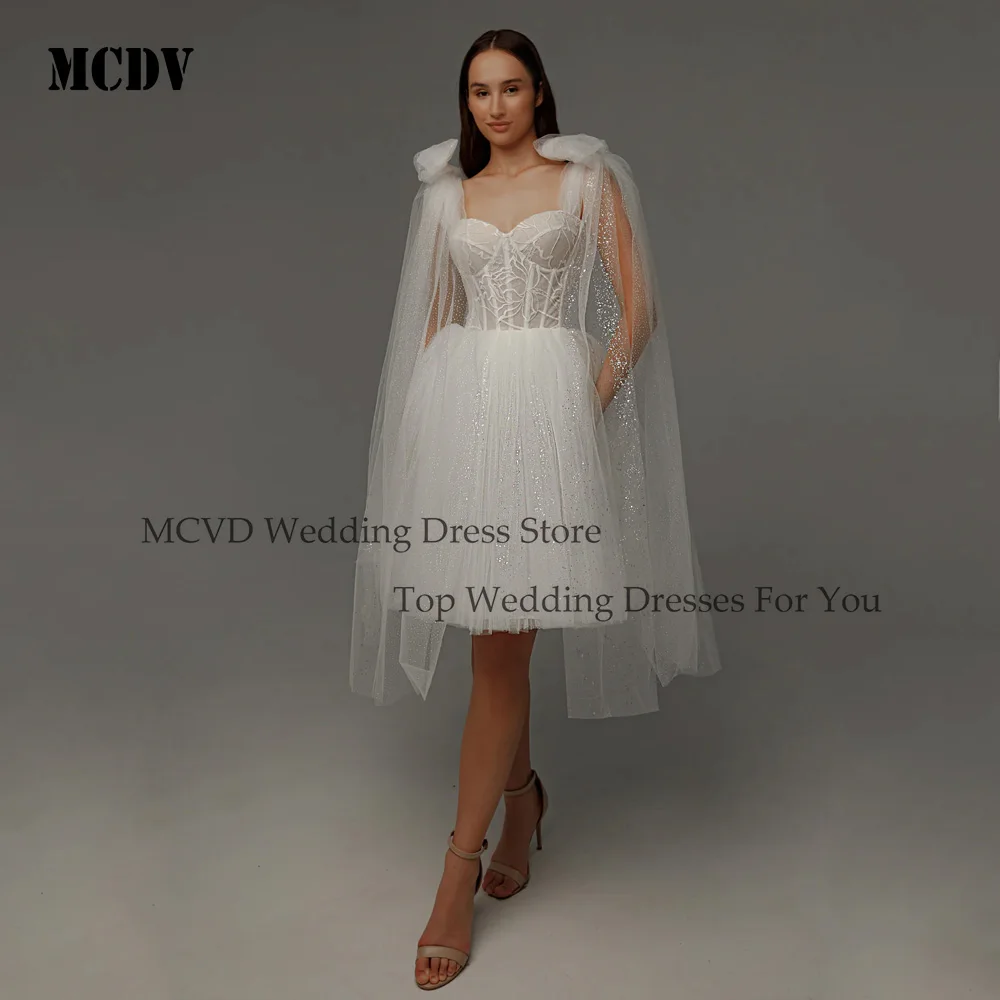 

MCDV Lace Short Wedding Gowns Sweetheart Above Knee Shiny Bride Party Gowns Corset Glitter Tulle Spaghetti Straps Customized