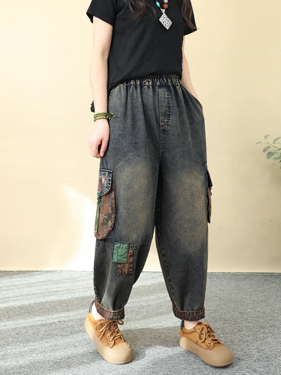 Pantalones vaqueros bordados con parche de bolsillo estampado de estilo étnico Vintage para mujer pantalones bombachos recortados bordados sueltos primavera