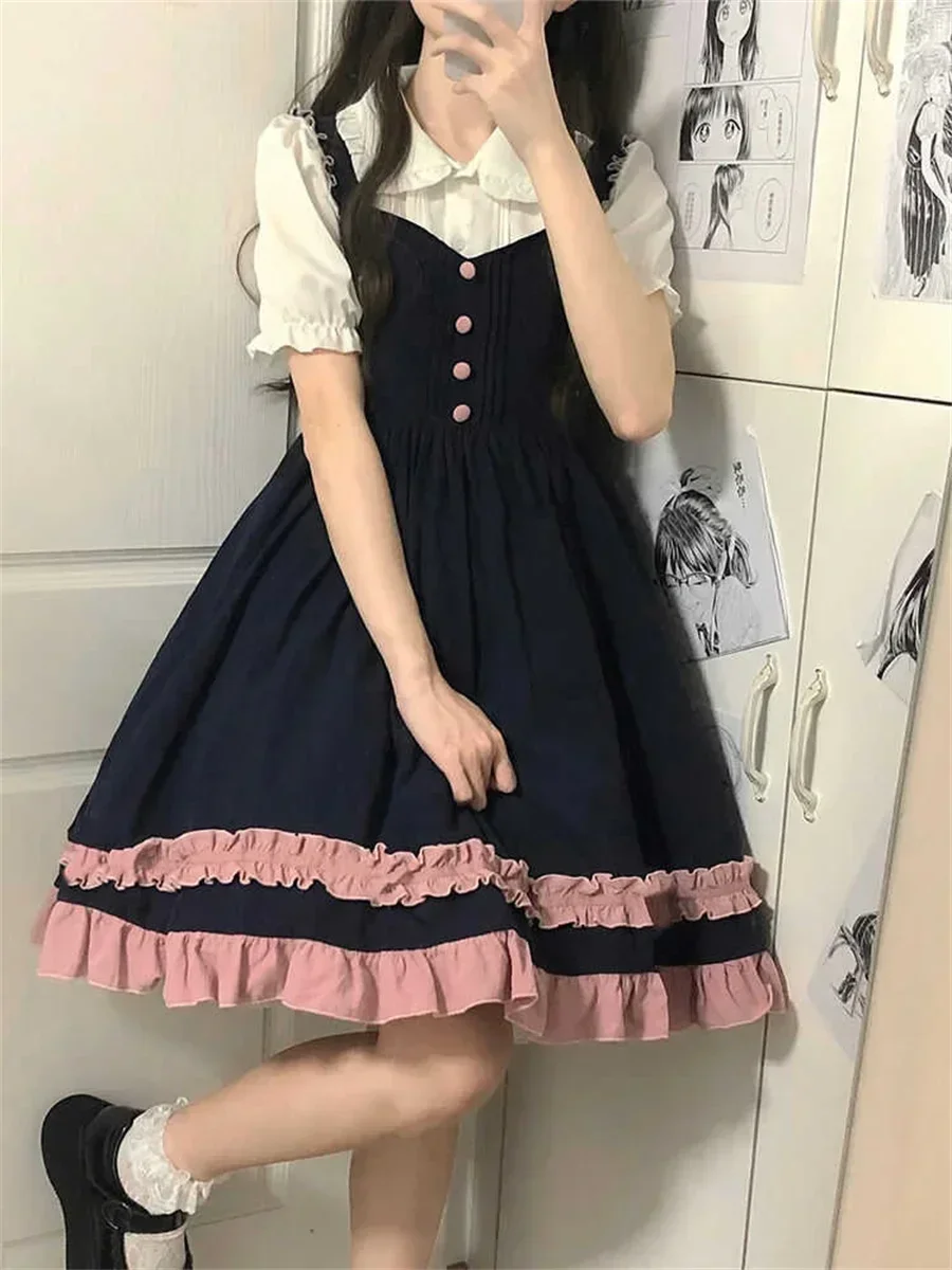 Japanese College Style Lolita Bow Dress Female Student Summer Doll Collar Shirt Strap Skirt Two Piece Set