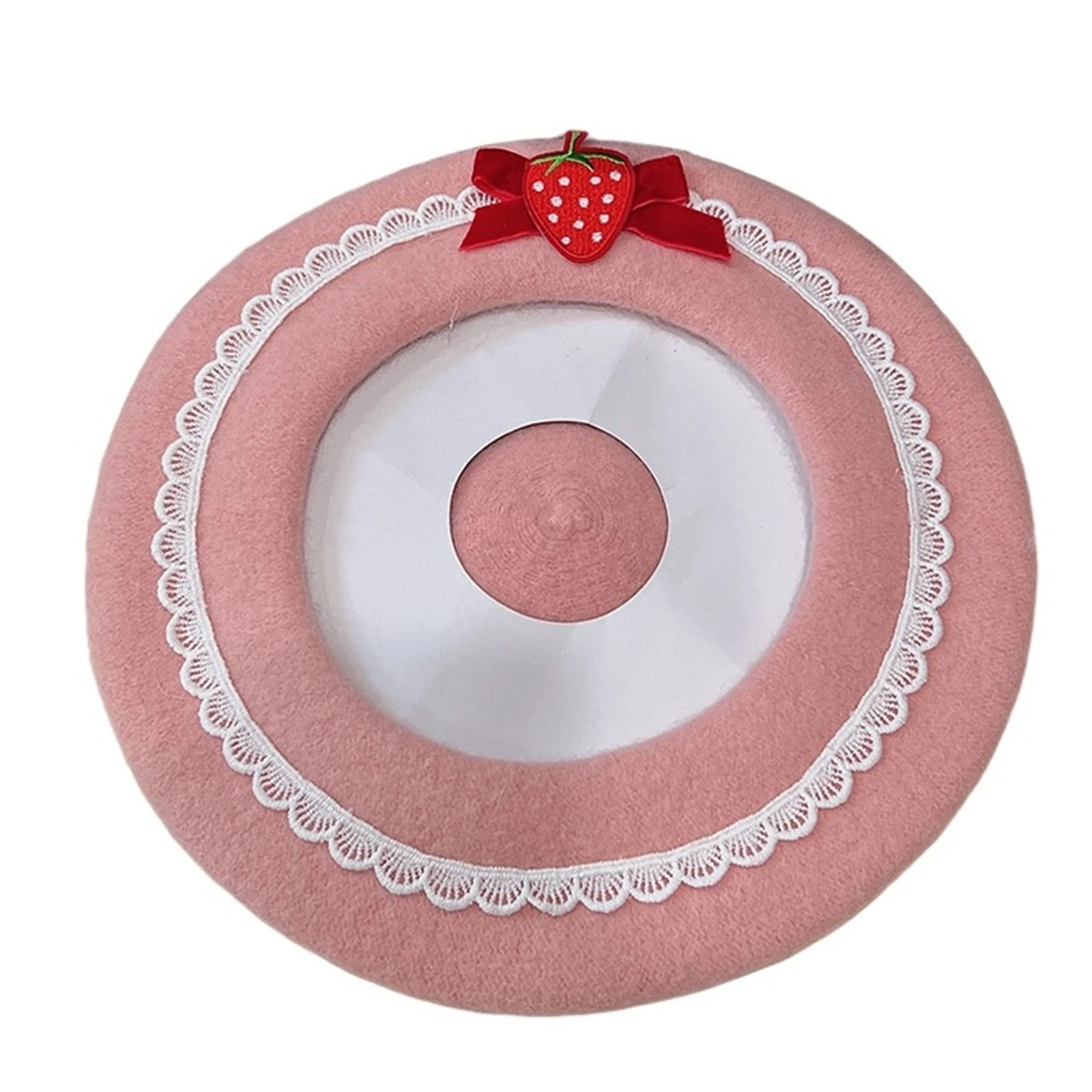 Boina rosa para niña, sombrero de lana de fresa con lazo de Anime para mujer, gorro de pintor dulce cálido para invierno, accesorios de Cosplay para Halloween