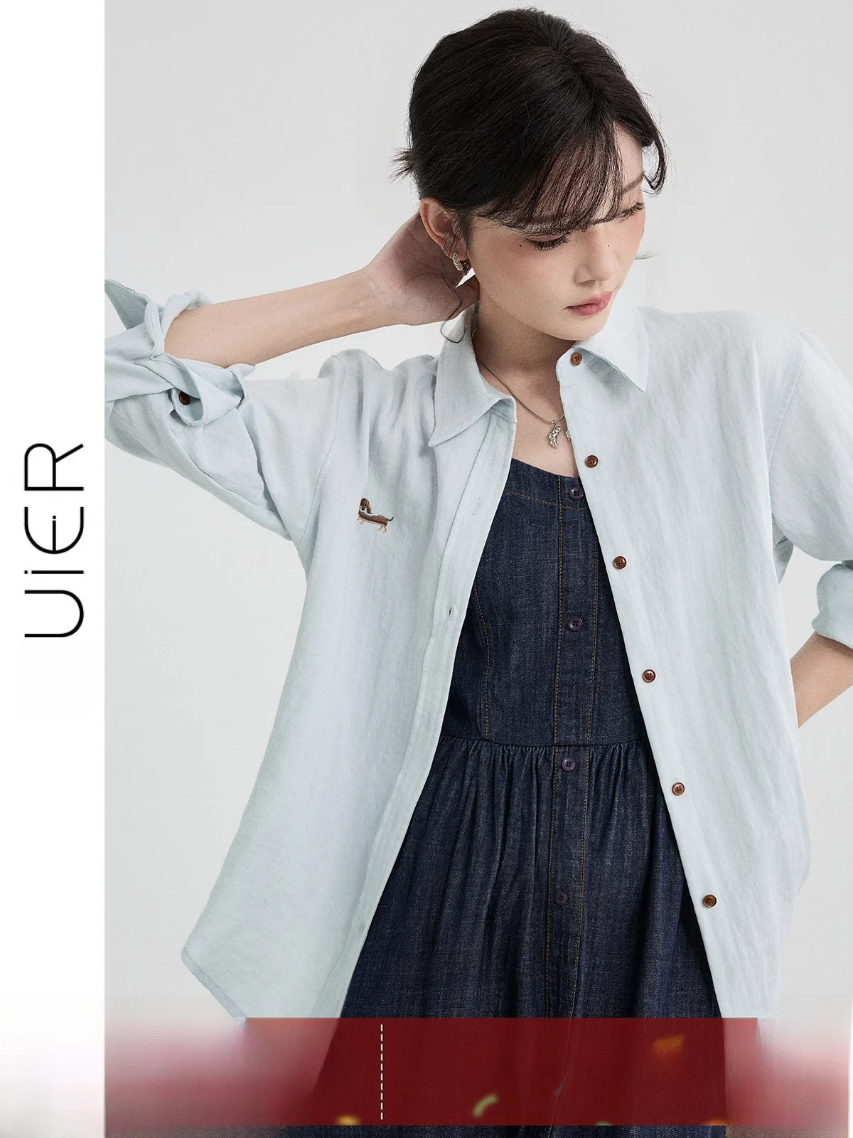 

Guier Summer 2026 Women's Loose Casual Embroidered Shirt Dog Pattern Elegant Atmosphere Fashionable Versatile Long Sleeve Pol...