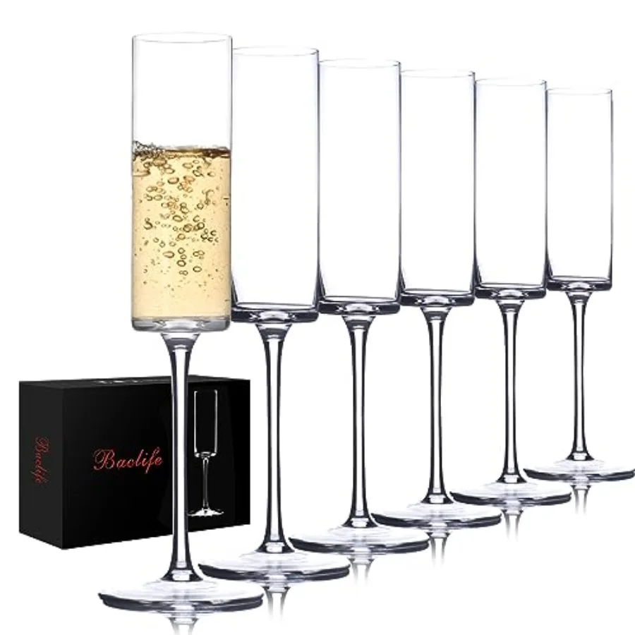 

Crystal Champagne Flutes Set of 6 - Hand Blown Champagne Glasses With Long Stem - 6.5 oz Elegant Sparkling Wine Stemware - Uniq