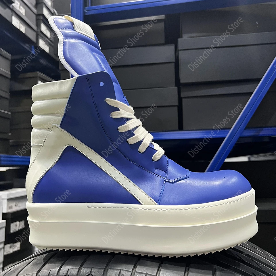 Zapatos de marca RO para hombre, zapatillas informales de cuero azul a la moda con doble fondo, zapatillas de deporte de suela gruesa con cremallera para mujer, zapatos con aumento de altura