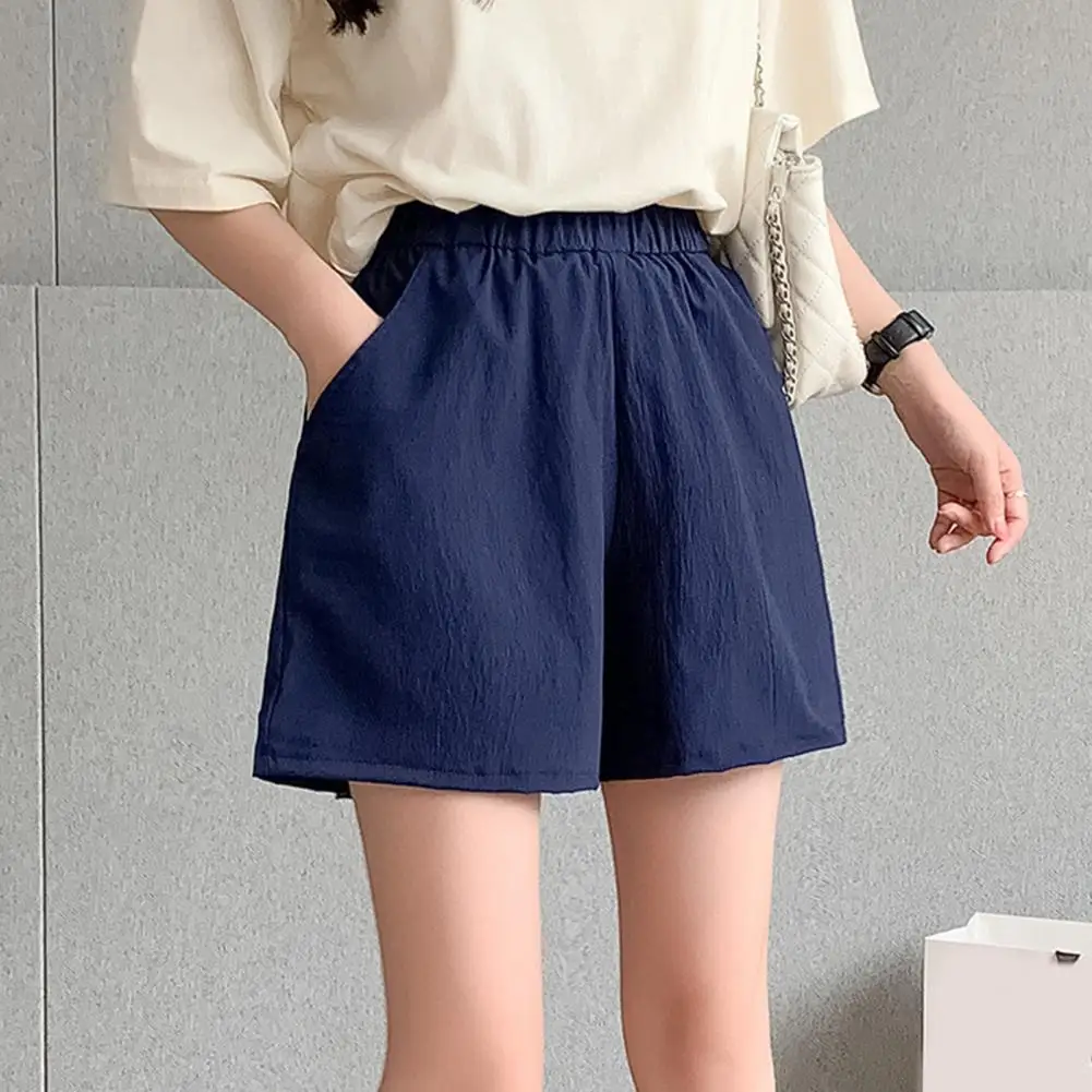 High Waist Elastic Waistband Women Shorts Pockets Thin Cool Summer Wide Leg Suit Short Pants Streetwear