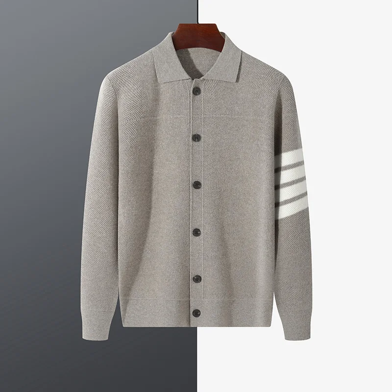 Autumn and winter new men's POLO collar 100% pure wool relaxed and slim contrast knitted cardigan jacket.