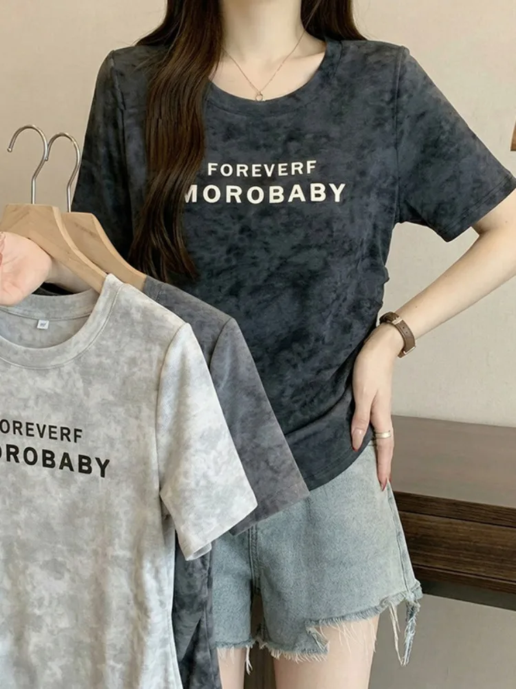 

plus Size Summer Korean Dyed Print Letter Waist-Cut Short Sleeve T-Shirt Commute Versatile Top Women's Fashion Breathable Ski...