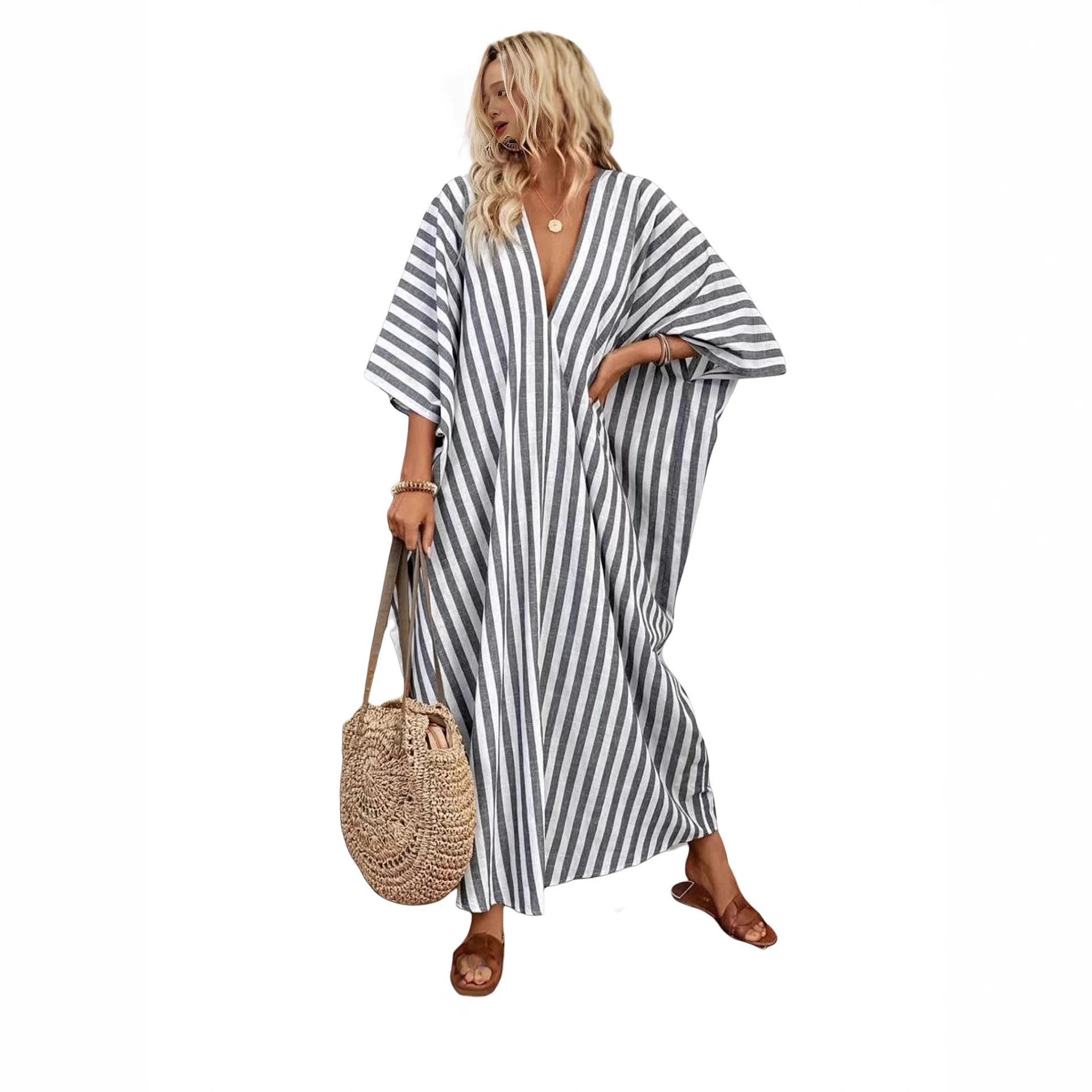Striped V Neck Long Dress Casual Loose Vacation Dresses Spring Summer