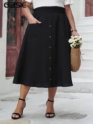 GIBSIE Plus Size Black Elegant Summer Long Skirt Women 2024 Fashion Vintage High Waist Button Casual A-Line Skirts With Pockets