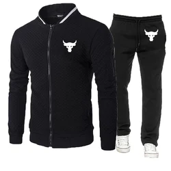 Dwayne Johnson Brahma Bull Tattoo Logo Print Spring Autumn Mens  Popular Round Neck Jacket Sportswear+Sweatpants Slim Sports Set