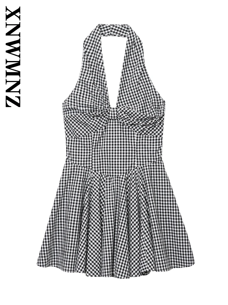 Xnwmnz 2025 verão nova senhora clube simples ombro sem costas vestidos sexy mulher sem mangas halter em camadas vestido moda midi