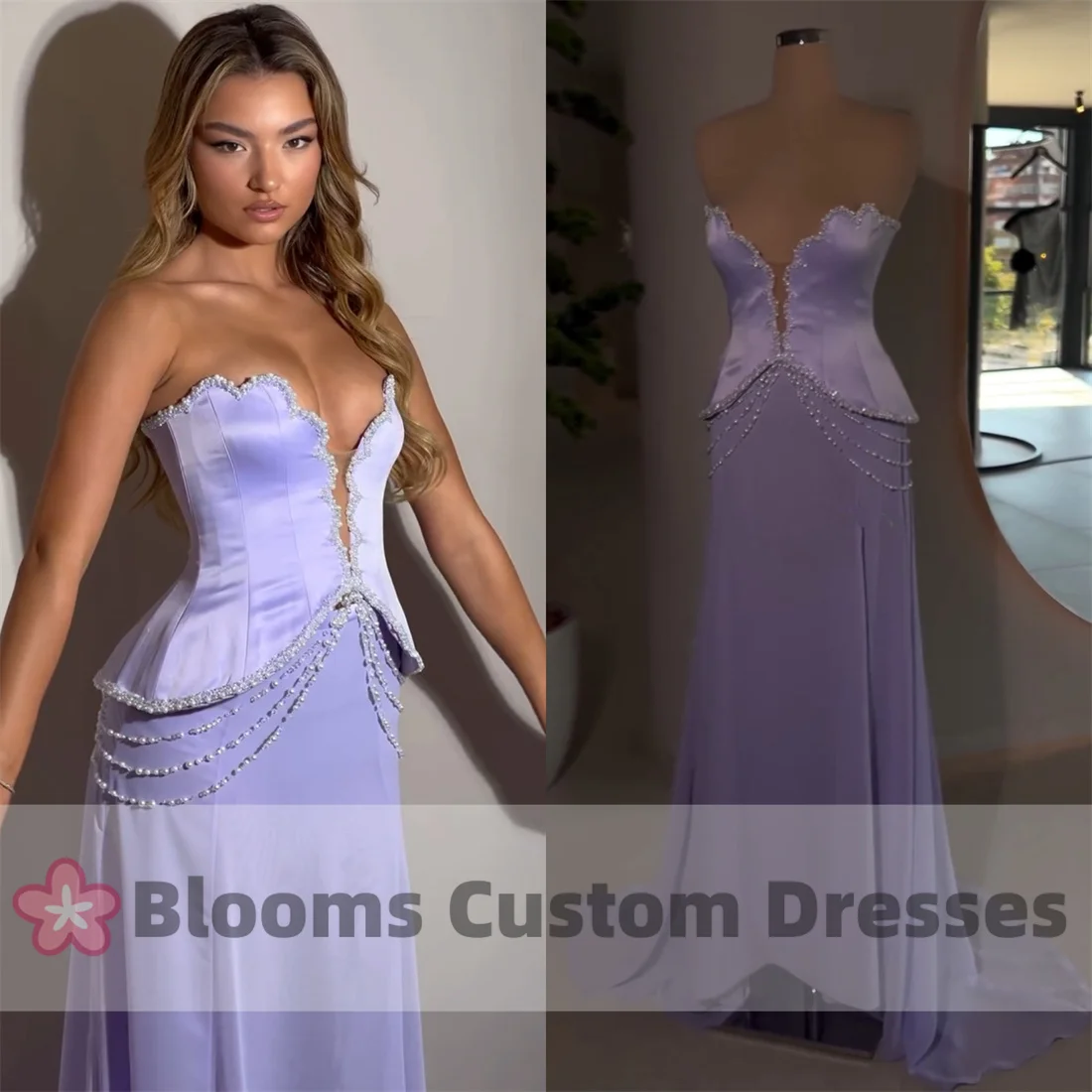 Blooms Lilac Sexy Beadings Customized Evening Dresses 2 Piece Floor-Length Chiffon Formal Occasion Dress For Prom Bride Gown