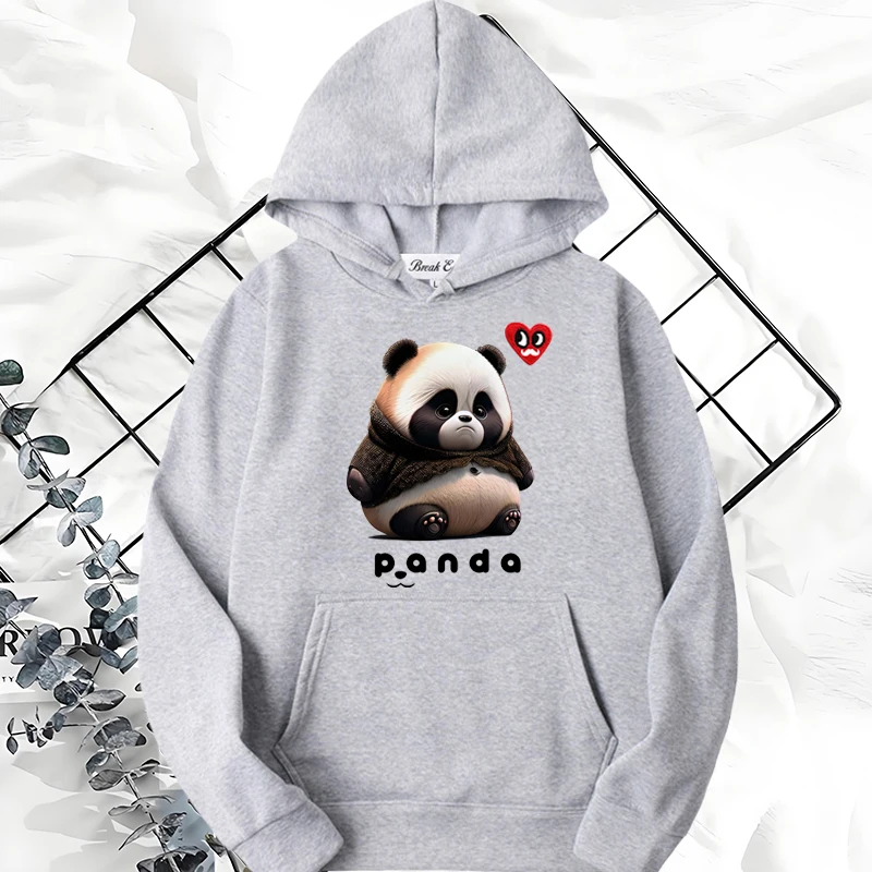 

Cartoon Sad Fat Brown Panda Printing Women Hoodie Polyester Red Eyes Beard Heart Embroidery Pullover Pockets Loose Lady Hoody
