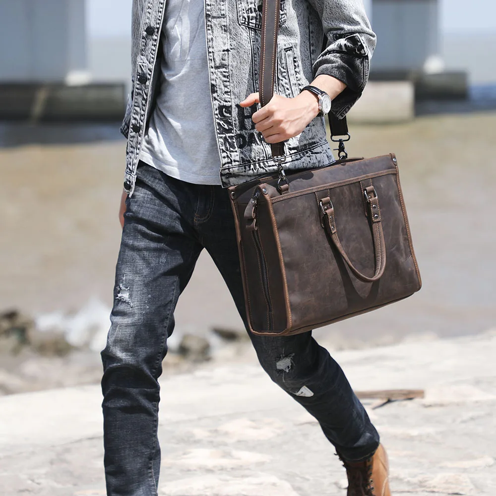 S.WORKER Vintage Echtleder Herren-Aktentasche 15“ Laptop-Handtasche Schultertaschen Retro Casual Stil – Detail 5