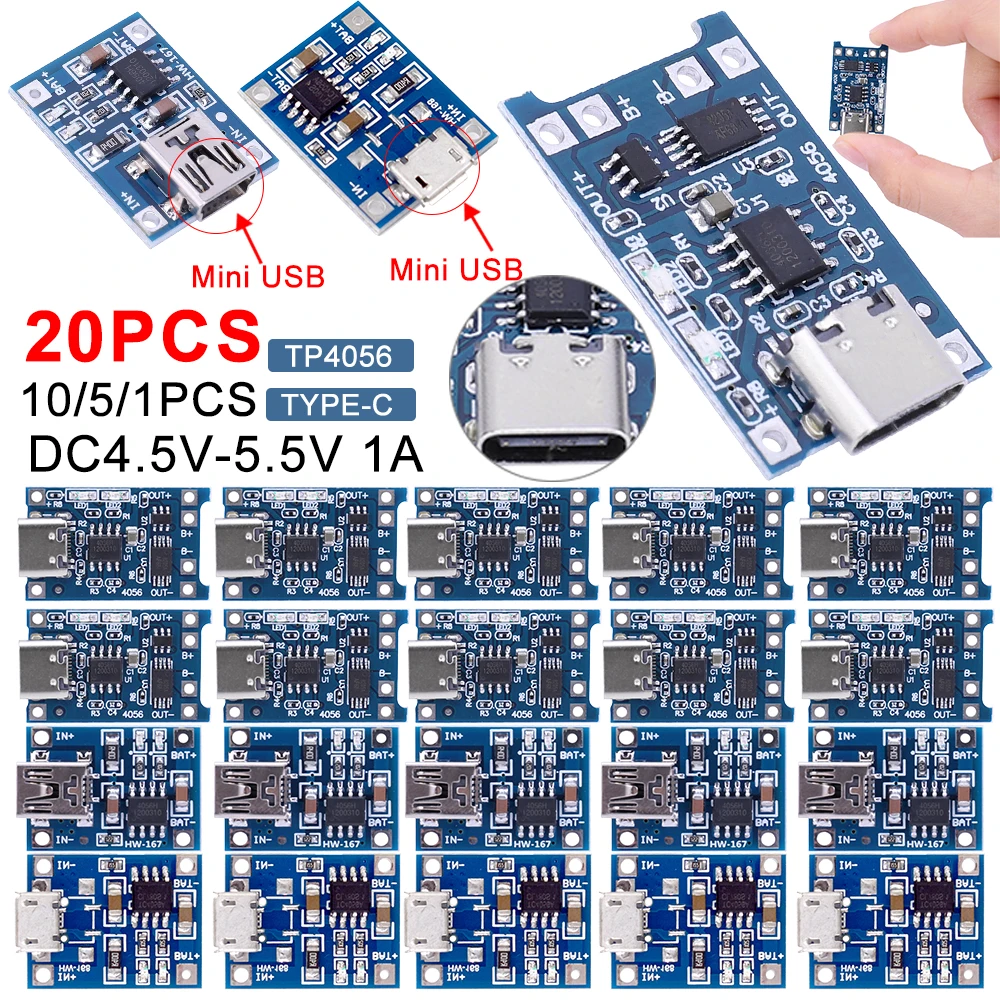 1-20PCS Type-C/Micro USB/Mini USB TP4056 5V 1A Lithium Battery Charger Module 18650 Charging Board With Protection Dual Function