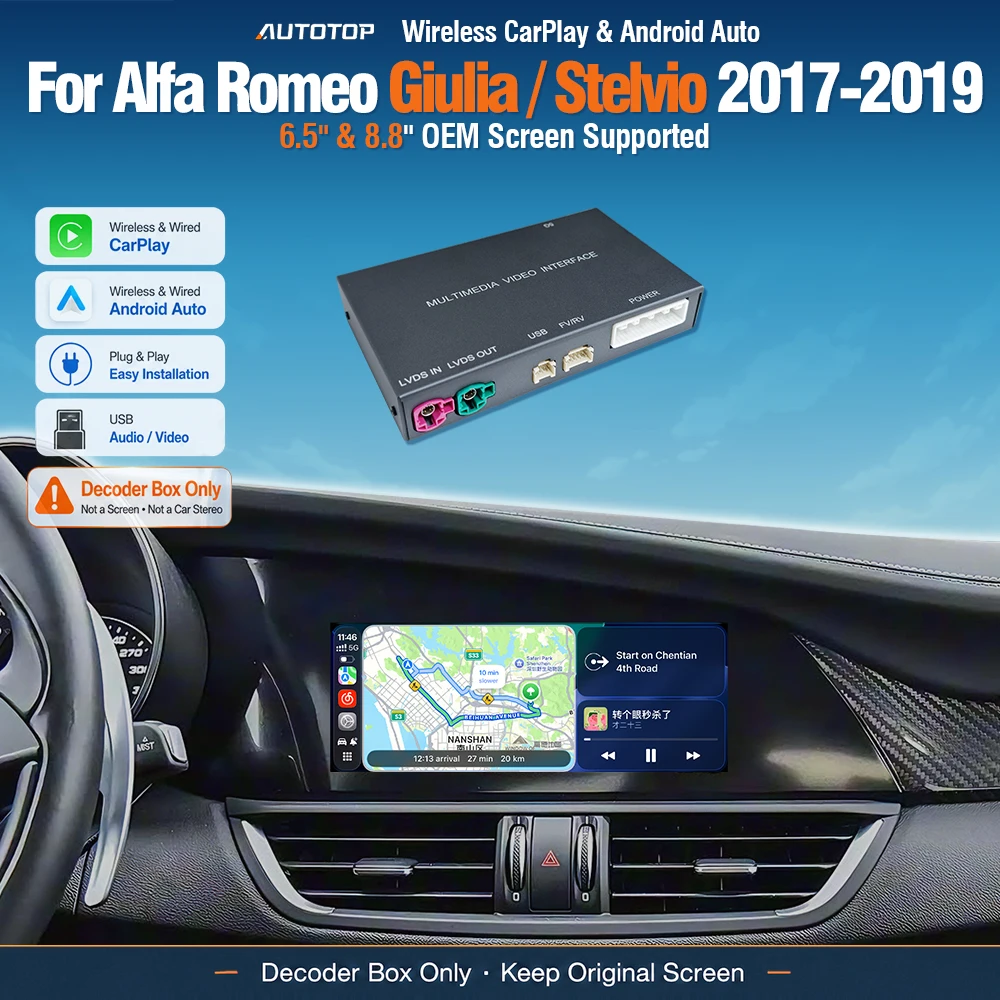 Boîtier décodeur sans fil Apple CarPlay Android Auto AUTOTOP pour Alfa Romeo Giulia Stelvio 2017-2019, écran d'origine 6,5 pouces 8,8 pouces, module d'interface de rétrofit, MirrorLink, AirPlay, BT, GPS, navigation, USB, caméra OEM, commande au volant