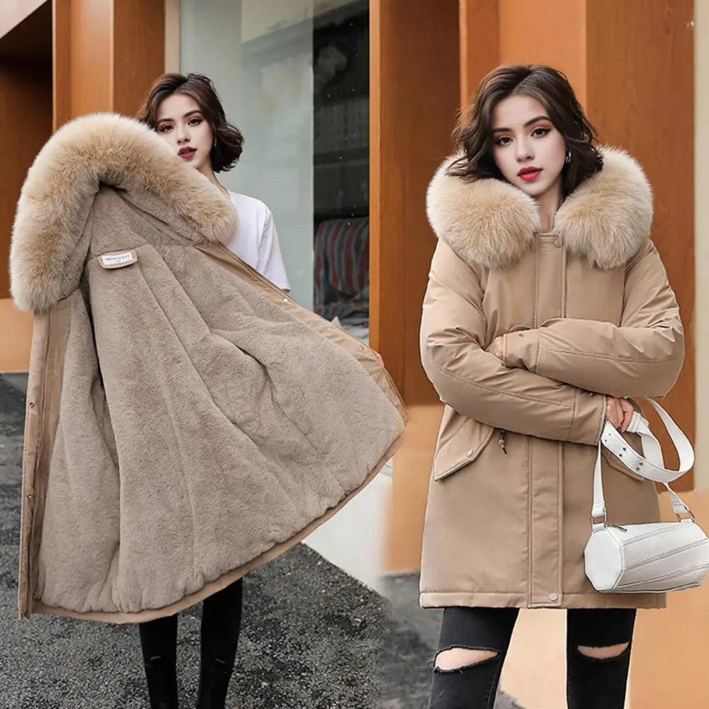 2024 Down Cotton Coat Women\'s Thickened Padded Parkas Plush Fur Hood Winter Cotton Coat Drawstring Trech Style Women Down Jacket