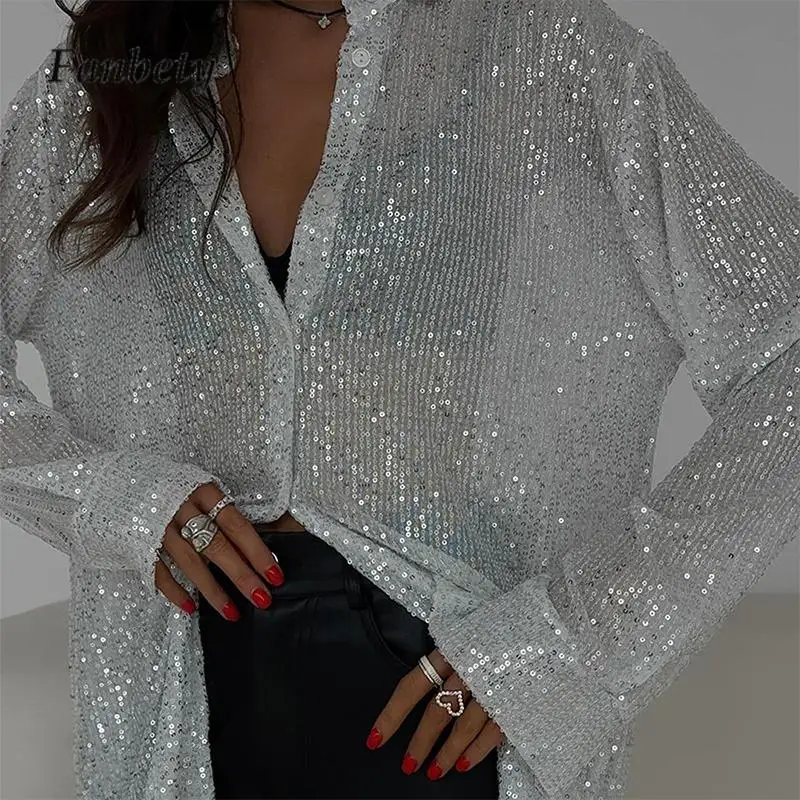 

New Autumn Long Sleeve Single-breasted Tops Fashion Solid Color Shiny Sequins Loose Blouse Elegant Ladies Turn-down Collar Shirt