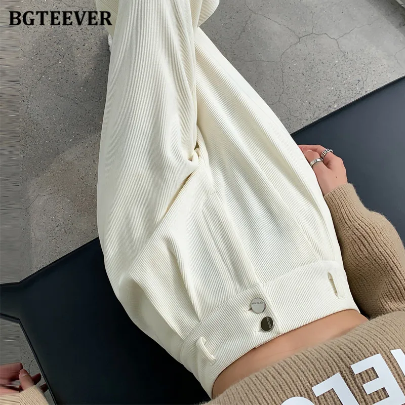 

BGTEEVER Autumn Winter Cotton Velvet Pants for Women Double-button Warmer Wide Leg Trousers Female High Waist Ladies Long Pants