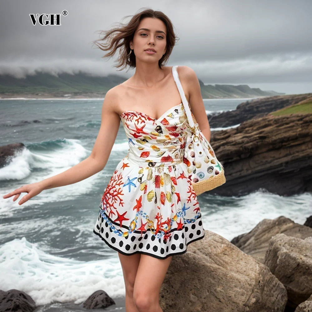 VGH Hit Color Prinitng Sexy Short Dress For Women Strapless Sleeveless Backless High Waist Spliced Folds A Line Dress Female New