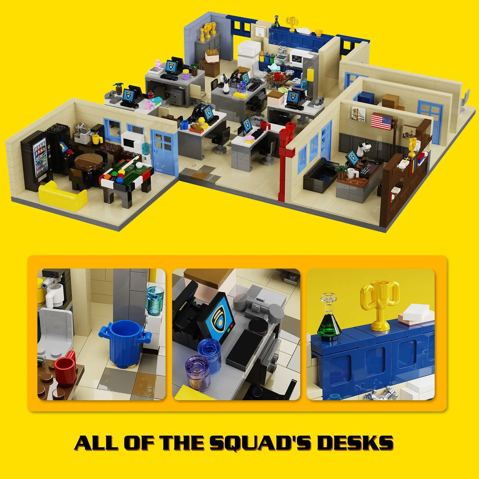 MOC US Police Station Building Blocks Office Room Desk Computer Cup Kitchen Banner Pool Table Printer Bricks Toys Kids Gift