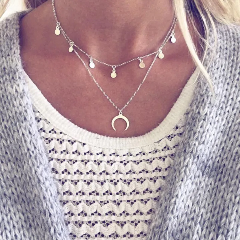 Hot Selling New Necklace Multi-layer Wafer Moon Necklace Jewelry Wholesale Fashion Silver Plated Joker Female Necklace Gifts