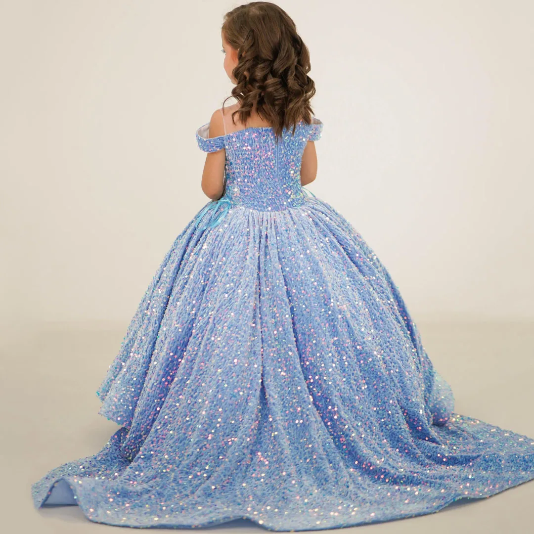 Customized Flower Girl Dresses Sky Blue Sequin With Trailing Short Sleeve For Wedding Birthday Prom Party Banquet Pageant Gown