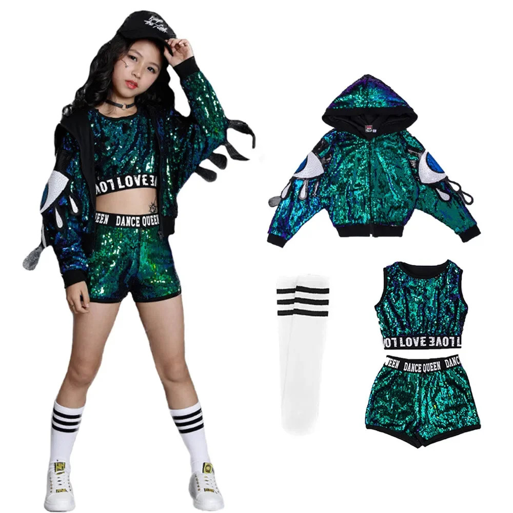 

2Pcs/4Pcs Girls Jazz Street Dance Modern Dance Costumes Sequnines Hip Hop Dance Stage Performance Wear 4-16 Years