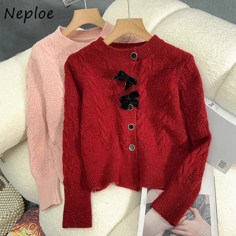 Neploe Elegant Vintage O-neck Bow Knitted Cardigan Autumn New Single Breasted Tops Women Y2k Long Sleeve Sweater Mujer