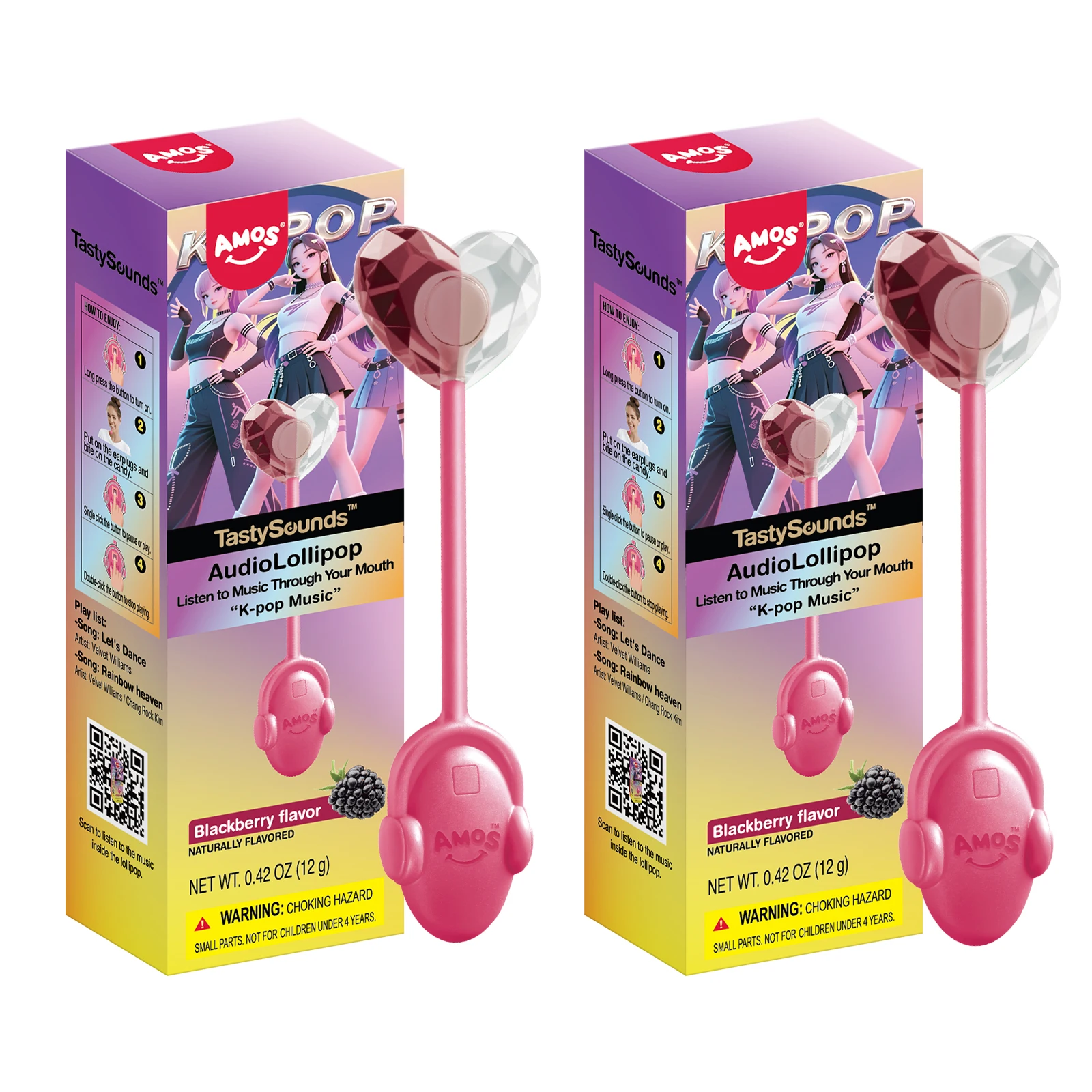 Amos TastySounds Audio Lollipop Candy, singende Musik-Lollipop-Sauger, natürlicher Brombeergeschmack, einzeln verpackt, 2er-Pack