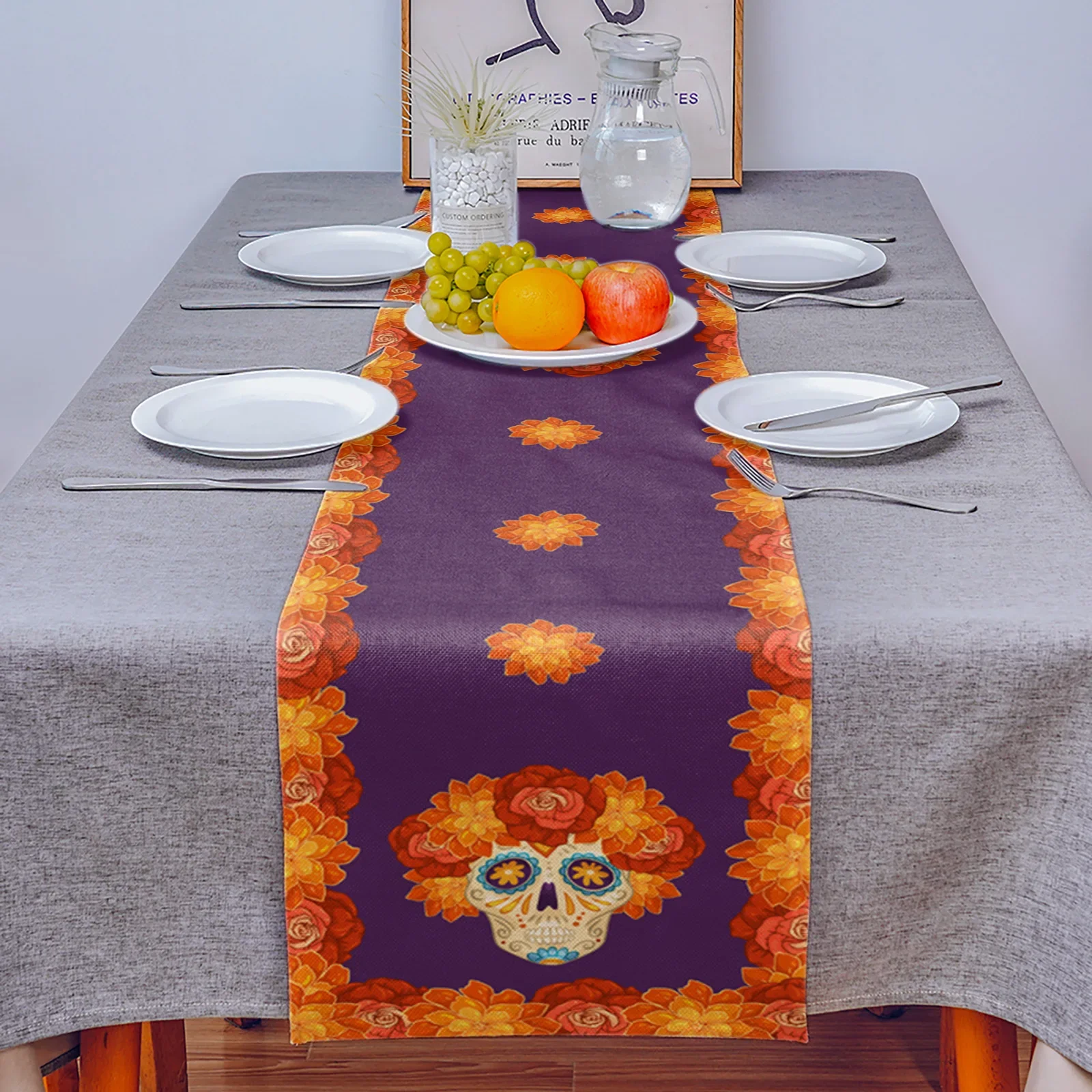 Mexican Day of The Dead Skull Flower Linen Table Runner Dresser Scarf Decor Farmhouse Kitchen Dining Table Runner Party Decor